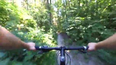 Yazın ormanda beyaz bisiklet süren bir adam.