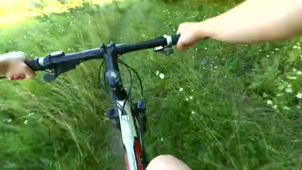 Hombre montando en bicicleta en un campo sobre una hierba verde — Vídeos de Stock