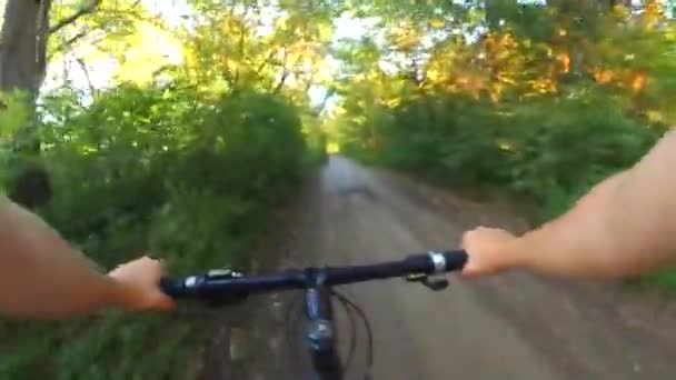 Osoba jeżdżąca na rowerze po szerokiej polnej drodze o zachodzie słońca — Wideo stockowe