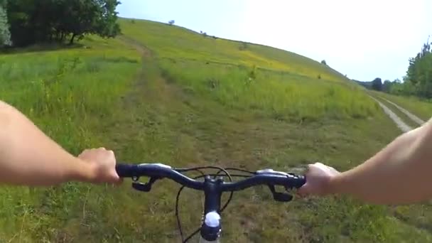 Un hombre monta en bicicleta en un campo verde en el verano — Vídeo de stock