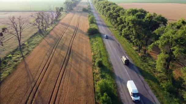 Flygdrönare visa flygning över motorväg vete fält och gröna träd vid solnedgången gryning — Stockvideo
