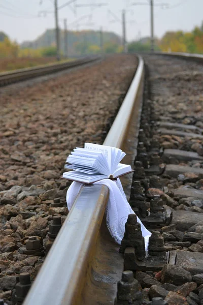 Disclosed little book lies on the rail — Stock Photo, Image