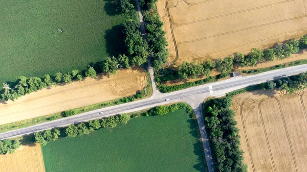 Αεροφωτογραφία drone πτήση πάνω από ασφαλτοστρωμένο δρόμο μεταξύ κίτρινο και πράσινο — Φωτογραφία Αρχείου