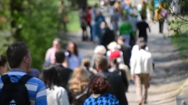 Viele Menschen, die Menge, die entlang der Straße ging, verschwommenen Hintergrund — Stockvideo