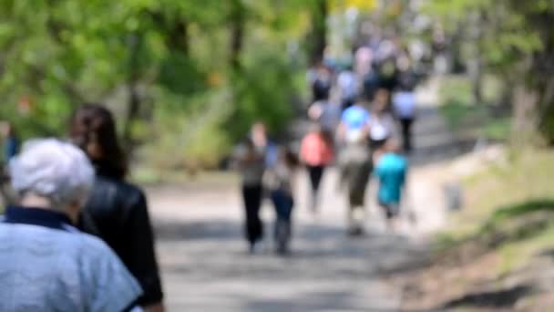 Viele Menschen, die Menge, die entlang der Straße ging, verschwommenen Hintergrund — Stockvideo