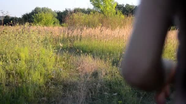 Mulher em um vestido rosa correndo pela estrada em um campo — Vídeo de Stock