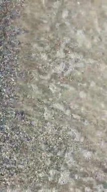 Güneşli yaz gününde kumlu sahilde şeffaf su akıyor. Kumsal, deniz suyu, okyanus gölü. Vahşi yaşam. Doğa arkaplanı. Doğal arka plan. Üst Manzara. Dinlenme Gevşemesi Dikey