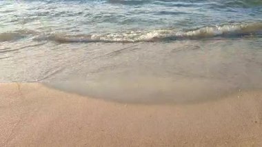Güneşli bir yaz gününde kumlu bir kumsalda mavi şeffaf suyla dalgalar yuvarlanıyor. Doğa arkaplanı. Doğal arkaplan