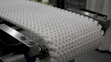 Modüler bant roter taşıyıcı. Devamlı hareket sistemi. Malzeme ya da ürün taşımacılığı. Hareket eden nesneler için taşıyıcılar. Üretim Üretimi. Endüstriyel kuşak. Bağlı plastik bağlantılar