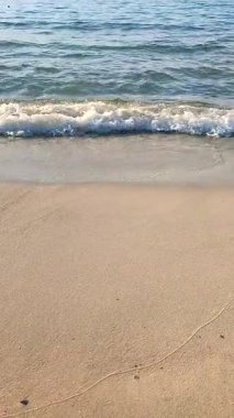 Güneşli bir yaz gününde kumlu bir kumsalda mavi şeffaf suyla dalgalar yuvarlanıyor. Doğa arkaplanı. Doğal arka plan. Dikey