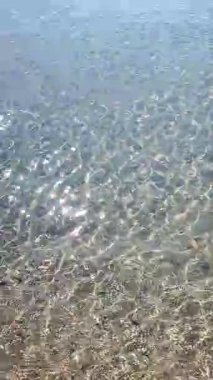 Sığ kumlu deniz kıyısında şeffaf su, güneşli yaz gününde deniz kabukları. Güneş suyun yüzeyinde parlıyor. Deniz kıyısında küçük dalgalar. Doğa arkaplanı. Doğal arka plan. Dikey