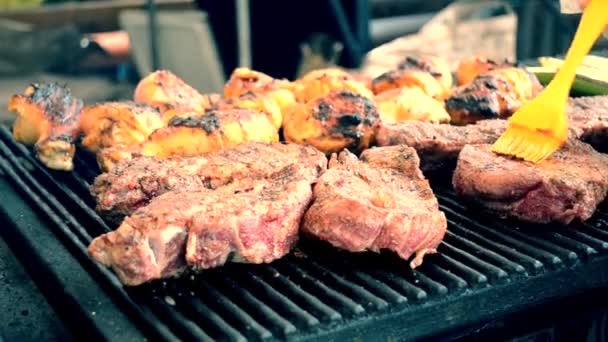 Pezzi di carne barbecue alla griglia — Video Stock