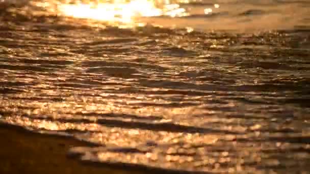 Olas marinas en la playa al atardecer, amanecer de cerca, ángulo bajo — Vídeos de Stock