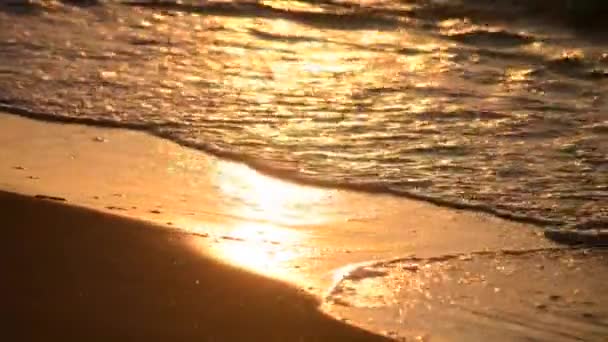 Wellen am Strand bei Sonnenuntergang, im Morgengrauen aus nächster Nähe — Stockvideo