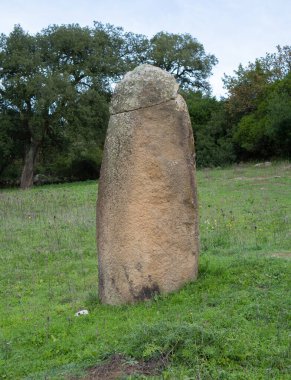Sardinya Sardegna 'daki Menhir megalith taşı İtalya arkeoloji tarihi alanında duran büyük megalit taşı, Villa Sant' Antonio, Sardinya