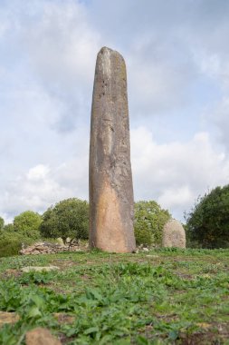 Sardinya Sardegna 'daki Menhir megalith taşı İtalya arkeoloji tarihi alanında duran büyük megalit taşı, Villa Sant' Antonio, Sardinya