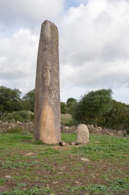 Sardinya Sardegna 'daki Menhir megalith taşı İtalya arkeoloji tarihi alanında duran büyük megalit taşı, Villa Sant' Antonio, Sardinya