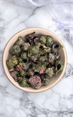 Freshly harvested bocconi sea snails resting in a rustic terracotta bowl