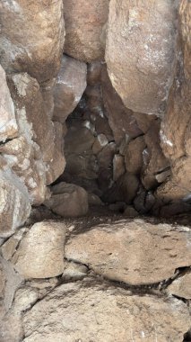 İtalya 'nın Sardunya kentindeki bir Nuraghe taş yapısının arkeolojik kalıntıları, yabani bitki örtüsüyle çevrili.