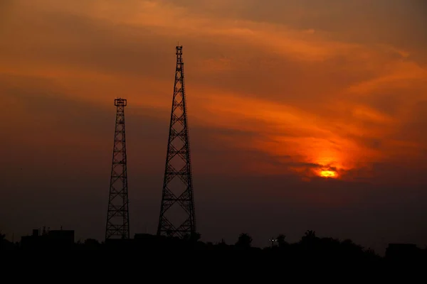 Sunset View Two Telecommunication Tower — Stock Photo, Image