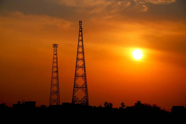 Sunset View Two Telecommunication Tower — Stock Photo, Image