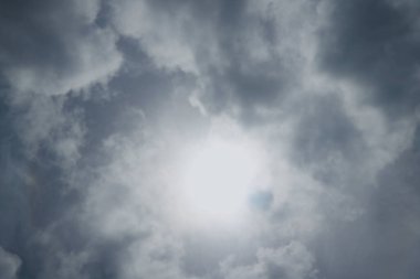 Mavi gökyüzündeki bulutların ardında parlak bir güneş.