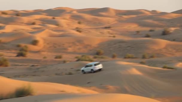 Filmagem Passeio Carro 4X4 Movendo Duna Deserto — Vídeo de Stock