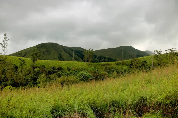 Areal View Mountain Green Trees Grass Blue Sky — Fotografia de Stock