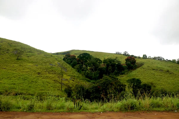 Areal View Green Mountain Green Trees Grass Blue Sky — Zdjęcie stockowe