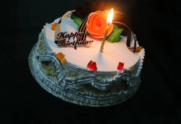 White Creamy Birthday Cake Lighting Candle — Stock Photo, Image