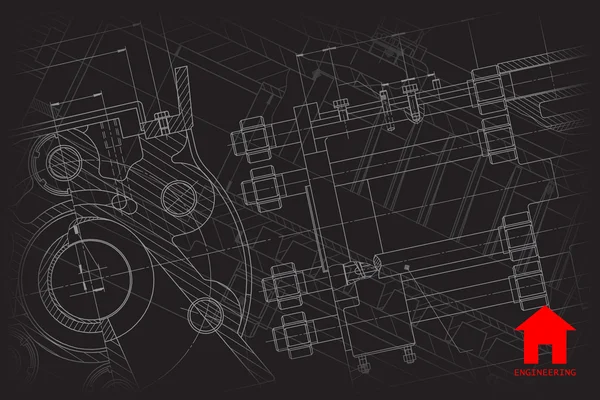 Schwarzer technischer Bauplan des Mechanismus — Stockvektor