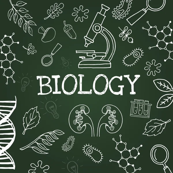 Giz desenho símbolos de biologia no quadro negro — Vetor de Stock