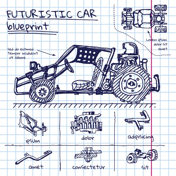 Vector doodle futuristisk bil system i skrivbok — Stock vektor