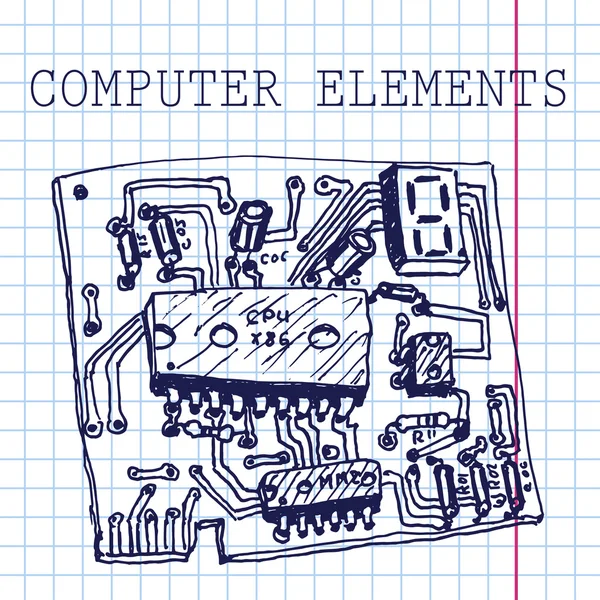 ロゴベクトルの手は、紙の上のコンピューター回路基板を描画します。Eps10 — ストックベクタ