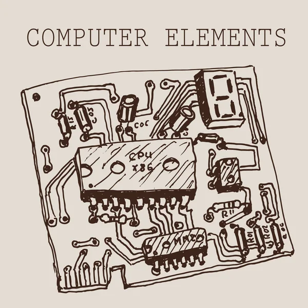 Disegnare mano vettoriale scheda di circuito del computer su carta. Eps10 — Vettoriale Stock