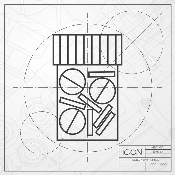 Flache Tablettenflasche auf Blaupause Hintergrund — Stockvektor