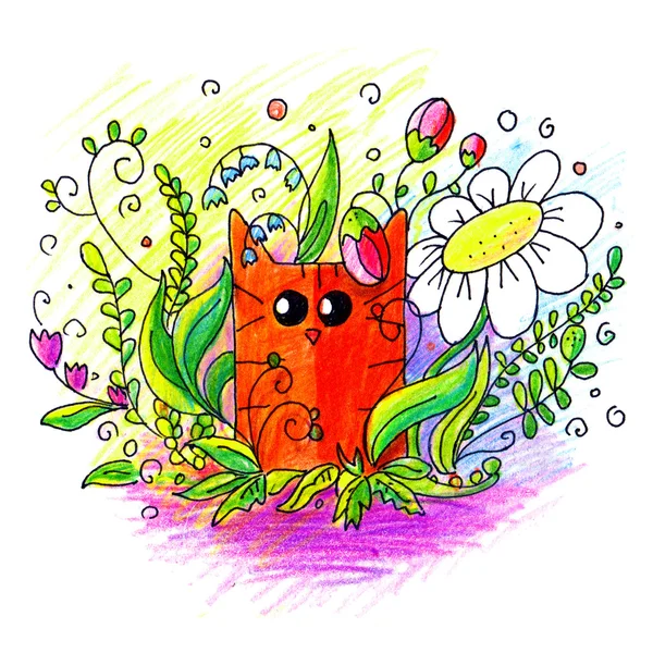 Красная кошка в цветах — стоковое фото