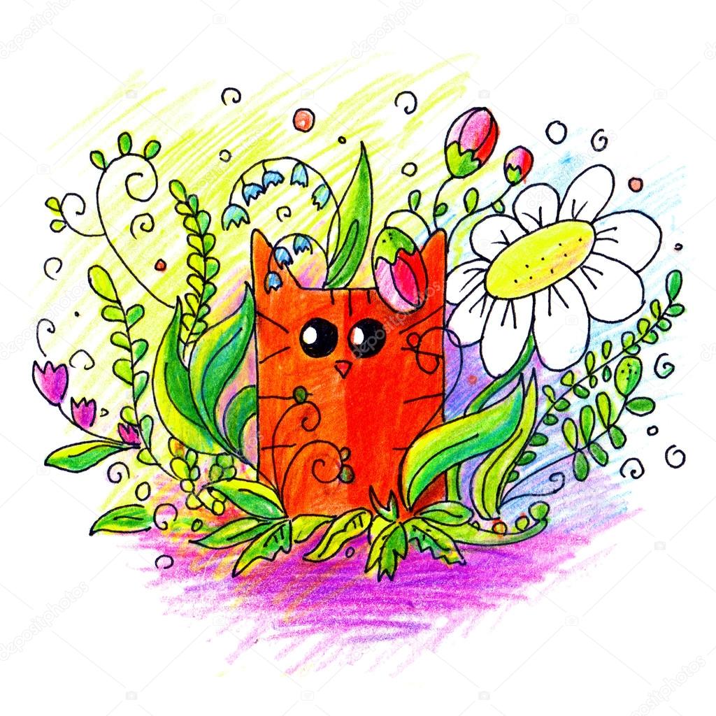 Red Cat in flowers
