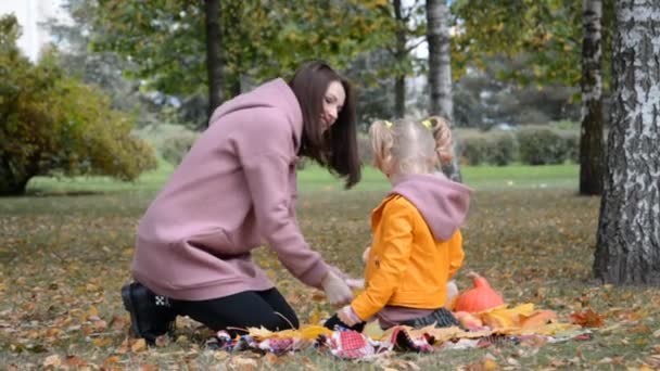 가을 공원에서 어머니와 세 살된 딸 — 비디오