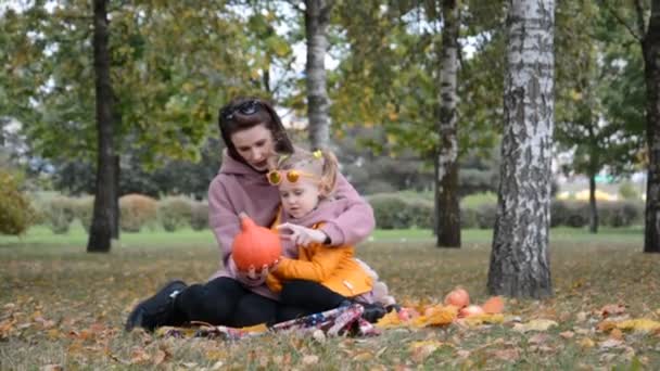 Concepto de picnic familiar, mamá e hija en el parque de otoño en un picnic — Vídeo de stock