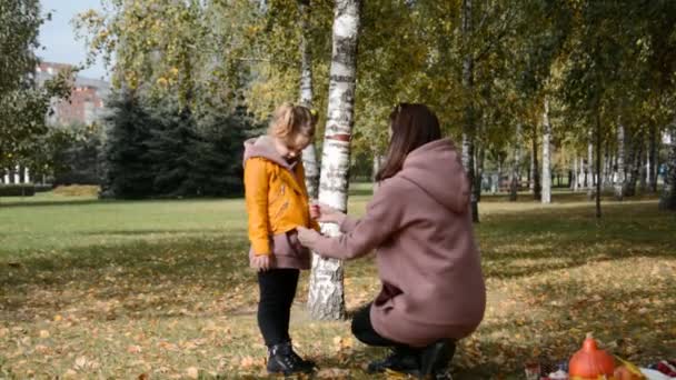 Koncept mateřské péče, máma a malá dcerka si hrají v parku — Stock video