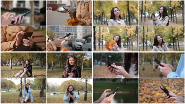 Collage vidéo de jeunes filles avec un smartphone dans les mains — Video