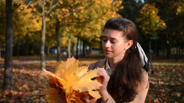 Portrait d'une belle fille dans le parc au milieu des arbres — Video