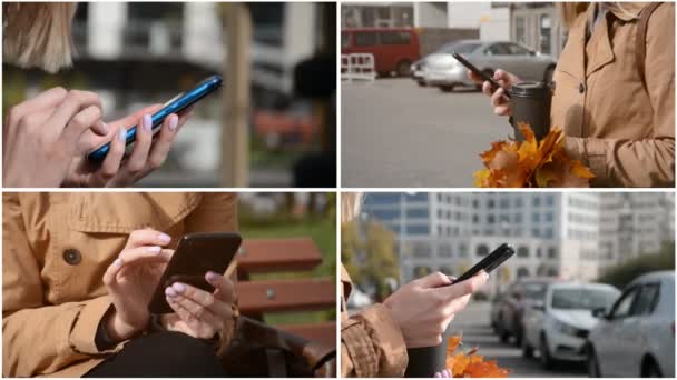 Videocollage weiblicher Hände mit einem Telefon in der Hand. Das Mädchen tippt eine Nachricht und schaut sich die Nachrichten am Telefon an — Stockvideo