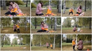 Anne ve kızının sonbahar parkındaki kolajı.