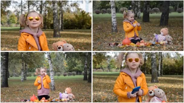 Kolaż wideo małej trzyletniej dziewczynki urządzającej piknik — Wideo stockowe