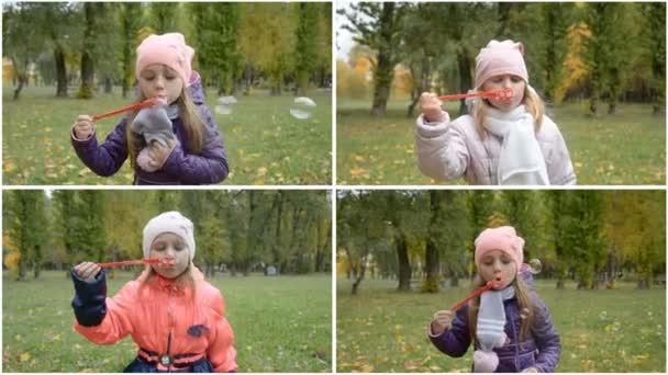 Colagem de vídeo de uma menina soprando bolhas — Vídeo de Stock