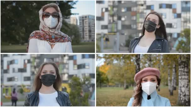 Collage video di quattro clip, ragazze in maschere protettive sulla città — Video Stock