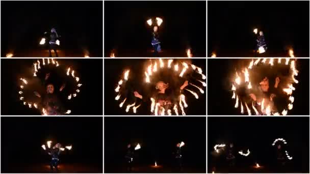 Video koláž dívek noční představení s ohněm i — Stock video