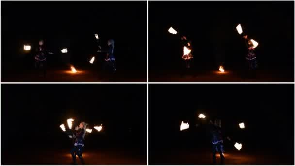 Video collage af natten visning af to piger med brændende reb – Stock-video